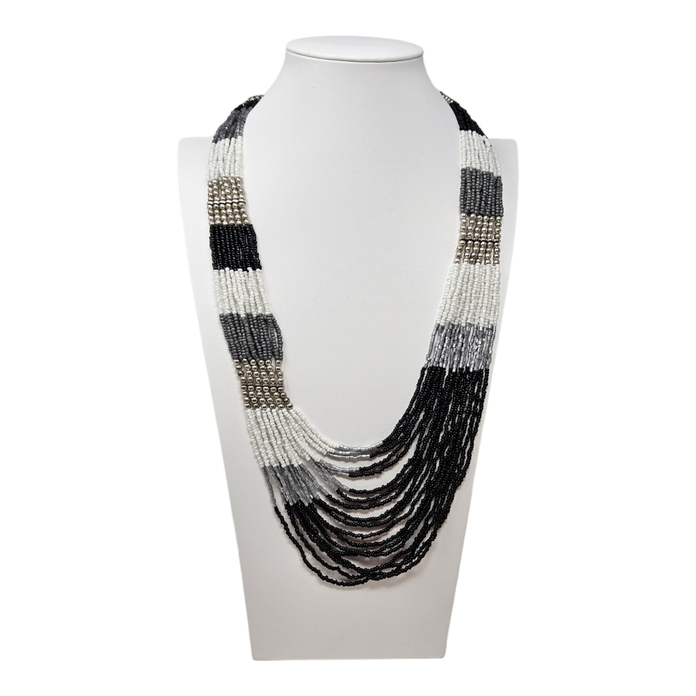 Multi-Strand Seed Bead Statement Necklace Black Gray White